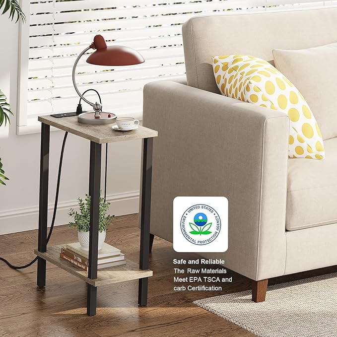 TUTOTAK Small End Table with Charging Station, Narrow Side Table with USB Ports