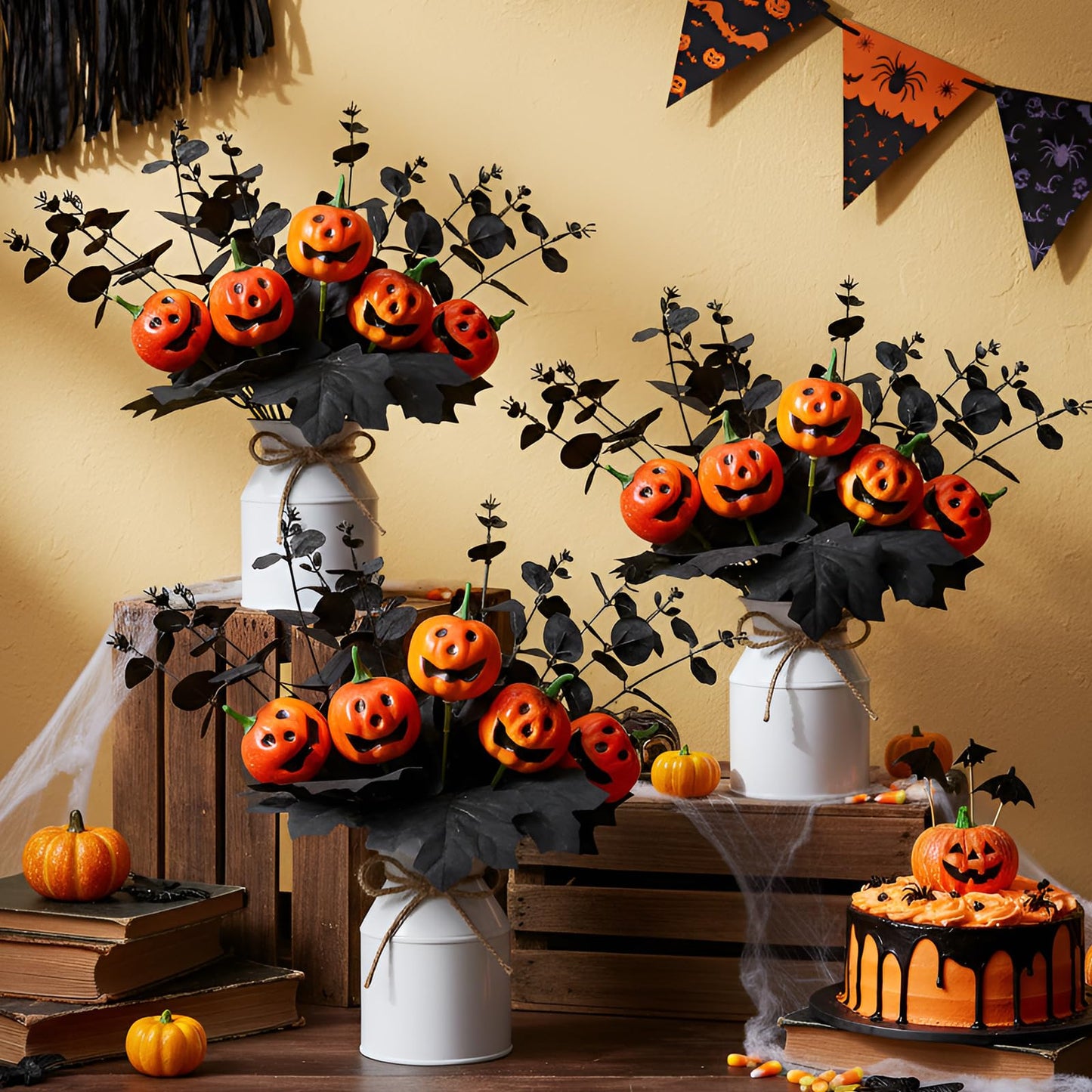 Thiccywoov 4 Sets Halloween Table Centerpiece Decorations Artificial Black Pumpkins Eucalyptus with Metal Vase Faux Pumpkins Plants in Pots for Halloween Trick or Treat Party Home Dining Table Decor