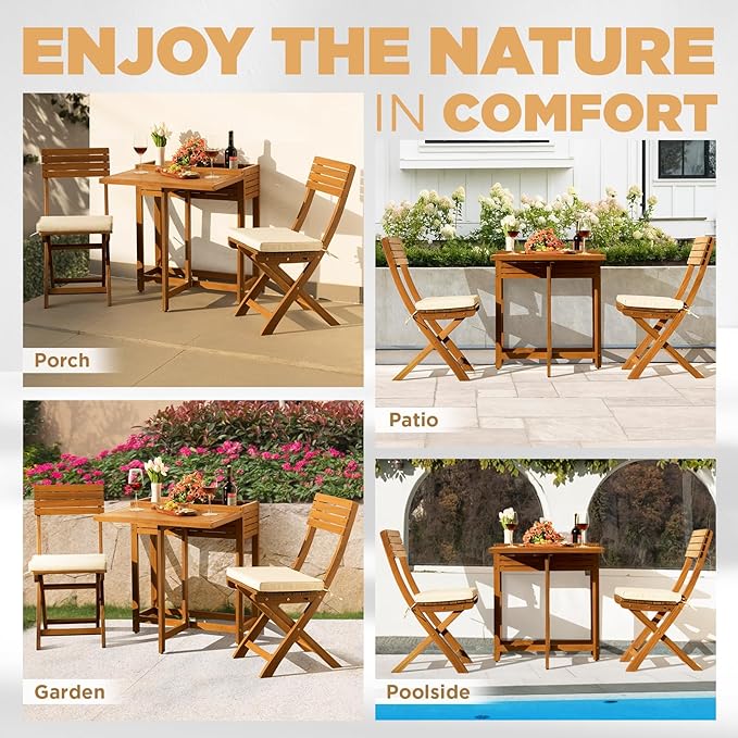 IDZO Natural 3-Piece Bistro Set: Foldable 400lbs Chairs, 220lbs Shelf Table