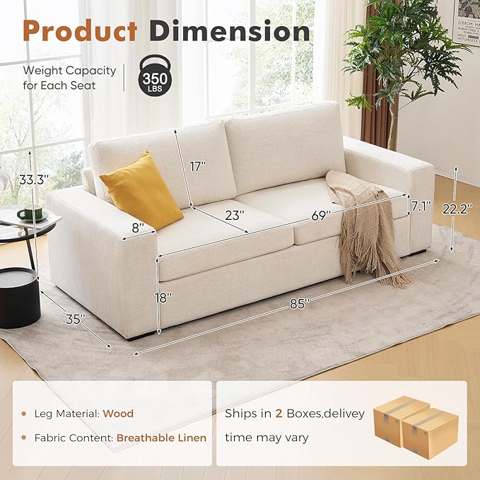 ABCASA 85'' Modern Couches for Living Room, 2 Seats Comfy Sofa