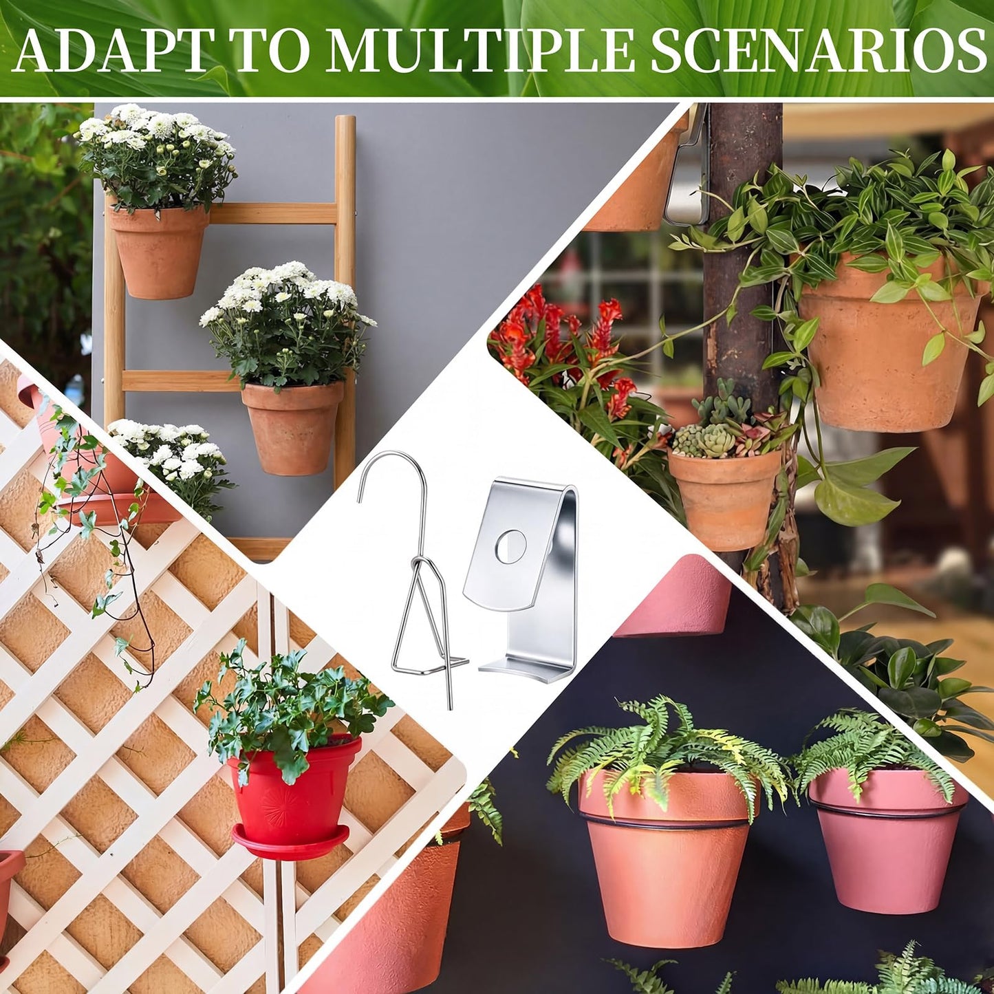 ElaraBerry 12 Pack Stainless Steel Plant Hanger Terracotta Flower Pot Clips Outdoor Wall Mounted Plant Hook Metal Orchid Hangers Hanging Holder for Indoor Garden Wall and Fence Mounted, 2 Styles