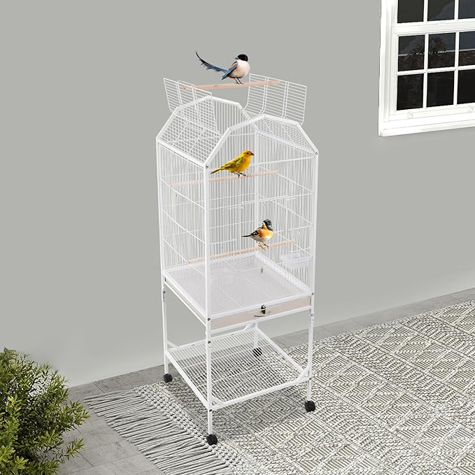 Birdcage Open Top 54 Inch Birdcages with Pull-Out Tray, Rolling Bird Cages with Wheels for Parakeets, Parrot, Cockatiel, Pigeon, Finch Cage(White)