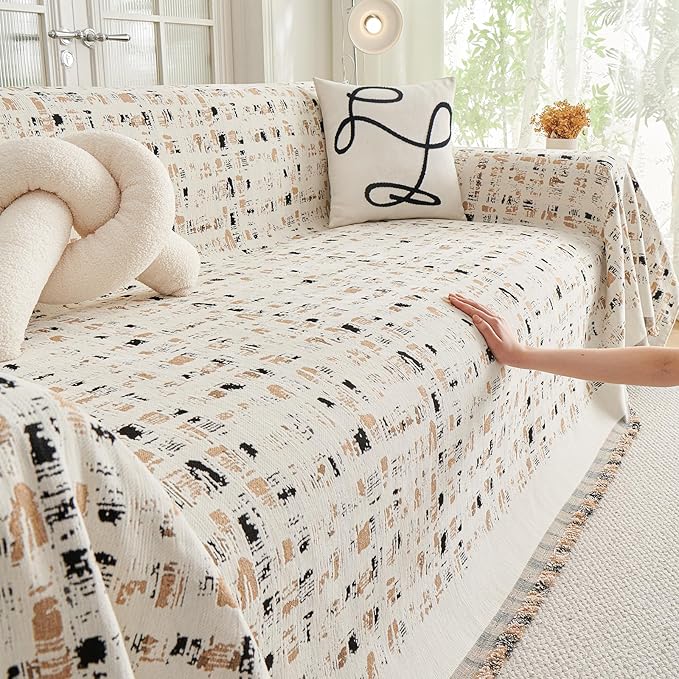 DREAMINGO Abstract Chenille Couch Cover Blanket Beige Khaki Black Boho Sofa