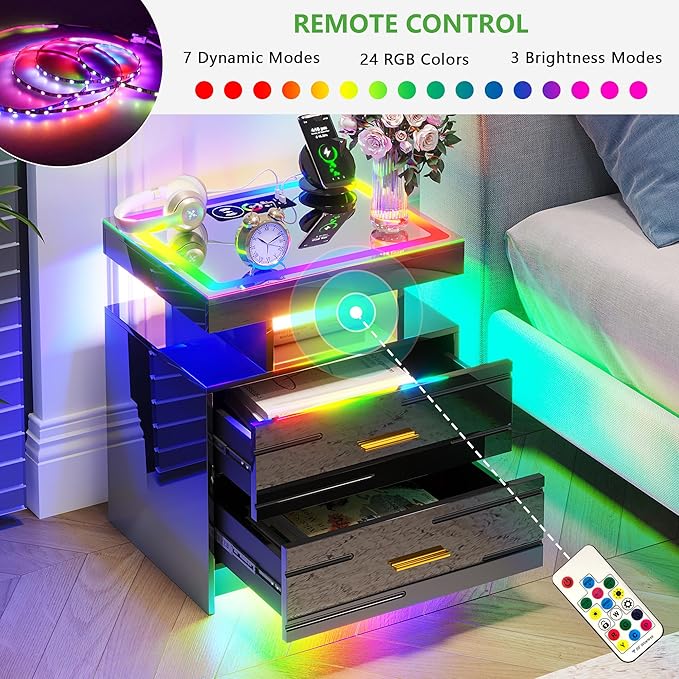 HNEBC RGB Nightstand with Wireless Charging Station, LED Night Stand with