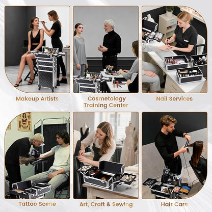 Stagiant Rolling Makeup Case Cosmetology Case on Wheels 4 in 1 Large Cosmetic Organizer Train Case Makeup Travel Case with Key Swivel Wheels Nail Artist Salon Storage Traveling Cart Trunk Black