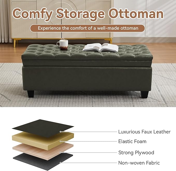 WUTUTUEE 50" Faux Leather Storage Ottoman Bench, End of Bed Upholstered
