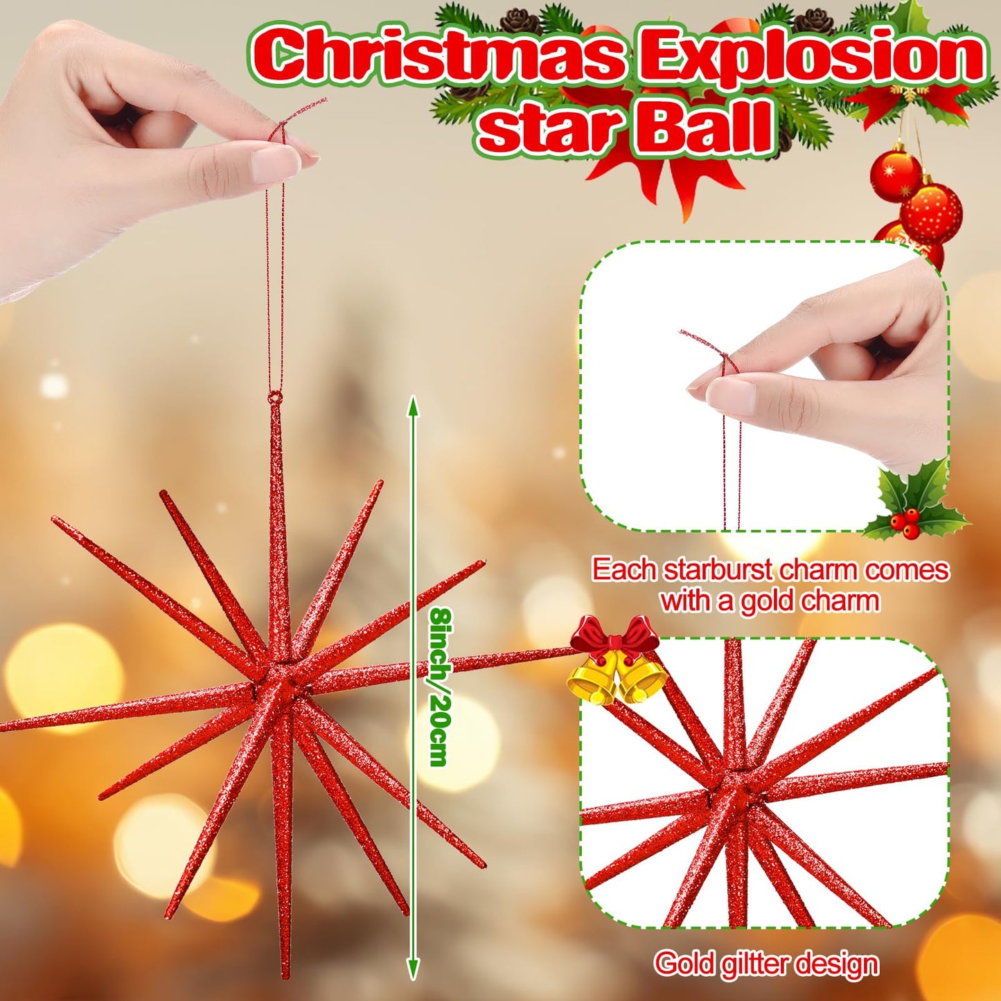 Syhood 6 Pcs Glitter Starburst Star New Year Ornaments 8 Inch Exploding Glitter Starburst Bethlehem Star Hanging Tree Ornaments Tabletop 3D Decor New Year Holiday Party(Red,Classic)