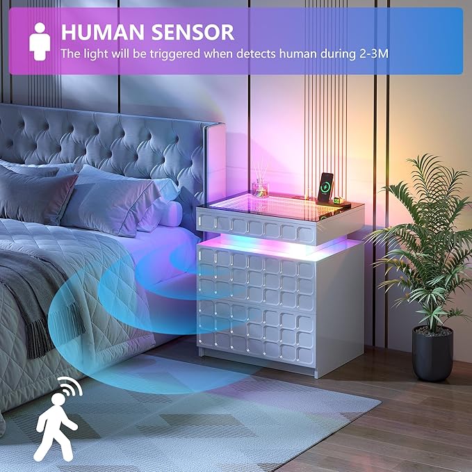 Night Stand with Charging Station and Smart RGB Lights, LED Nightstand with