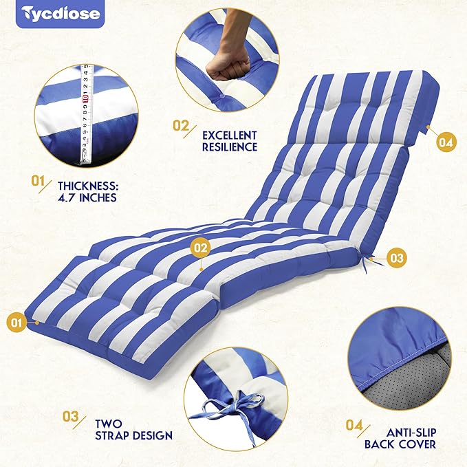 Outdoor Chaise Lounge Chair Cushion Waterproof 74.4 x 22 x 4.7 Inches Memory