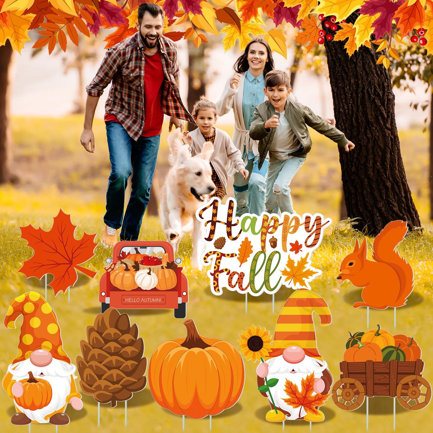 Threehoney 12 Pcs Fall Yard Signs with Stakes Outdoor Thanksgiving Yard Sign Autumn Harvest Pumpkin Lawn Decorations Gnome Maple Leaf Waterproof Decor for Home Garden Party Supplies(Fall)