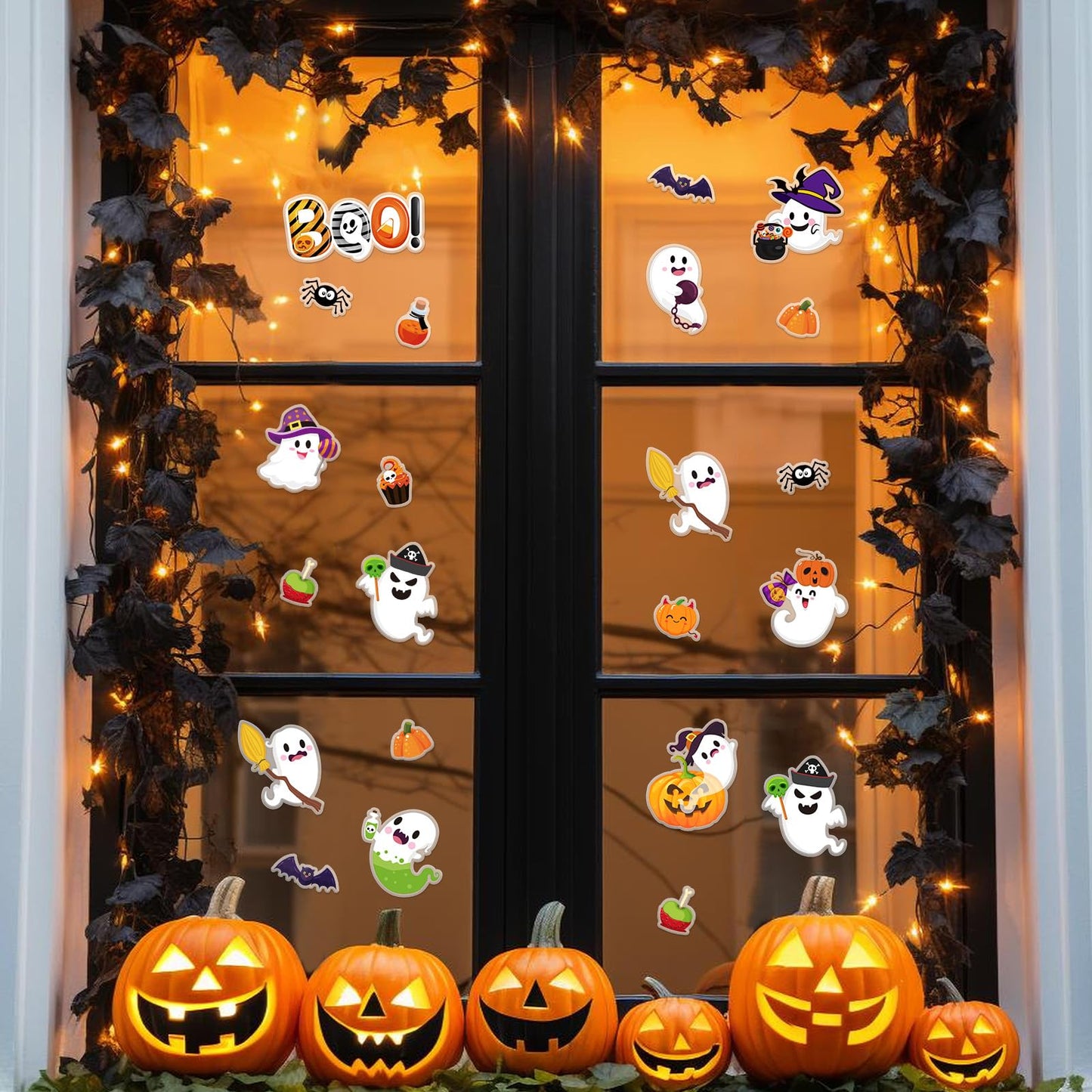 Whaline 32Pcs Halloween Thick Gel Window Clings Cute Ghost Pumpkin Boo Gel Decals for Holiday Home Classroom Nursery Glass Decor, 2 Sheets