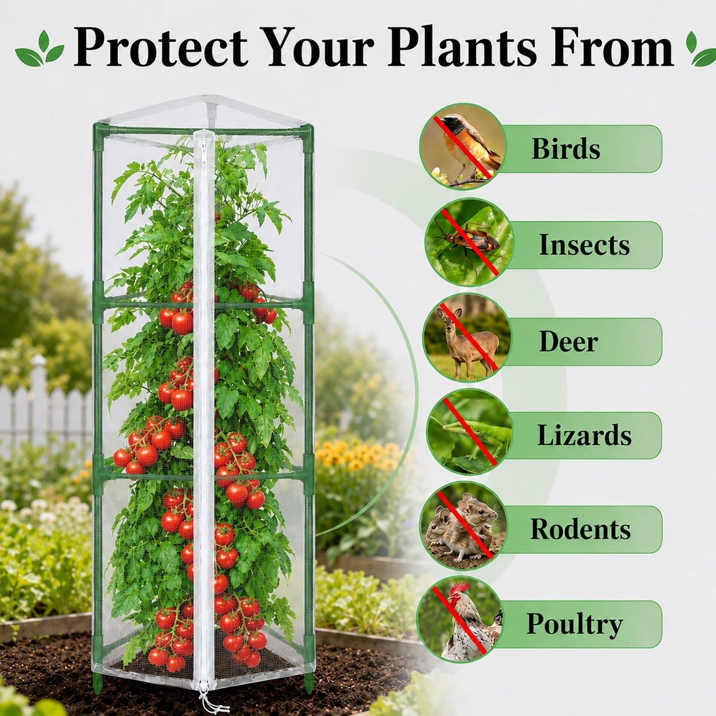 Halatool Garden Tomato Plant Cover Netting, Fits 40–55" Tall Square Tomato Cages, Garden Bird Netting with Zipper & Drawstring, Insect Barrier, Plant Covers from Insects Animals, 4 Pack, 45"×15.7"
