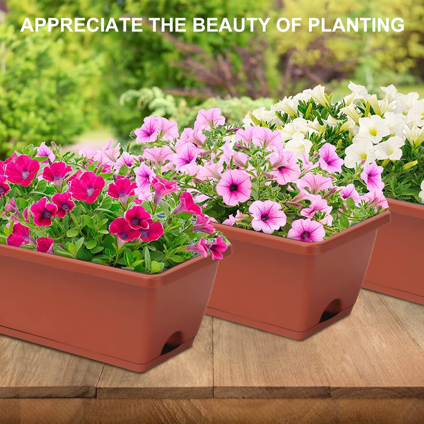 OSMOFUZE Window Box Planter, 6 Packs 17 Inches Rectangle Planters Box with Drainage Holes and Trays, Vegetable Planters for Windowsill Patio Garden Home Decor Porch Yard Red