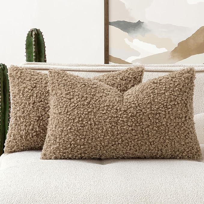 Faux Fur Throw Pillow Covers 20x12 Inch Set of 2 Boucle Neutral Decorative