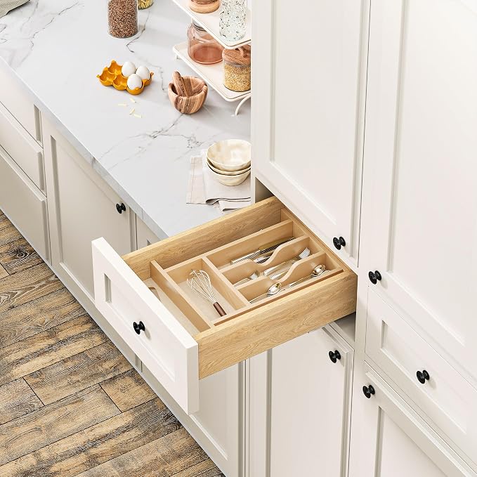 Clikuutory Natural Birch Wood Utensil Drawer Insert Organizer with 7 Compartments, Space-Saving Sturdy Drop-In Cutlery Divider Tray, Kitchen Cabinet Storage for Silverware, Spoons, Forks and Knives