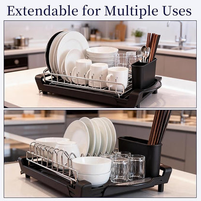 Dish Drying Rack Compact Expandable Double-Decker: Stainless, Rust-Proof, fits Kitchens/Apartments, extends 11.42"-19.9" (Black).
