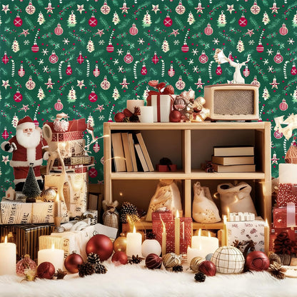 Peel and Stick Wallpaper Christmas Trees, Ornaments & Candy Canes Contact Paper Holiday Removable Self Adhesive Vinyl Christmas Decor Wall Paper for Living Room Kitchen Bedroom 17" x 196.8"
