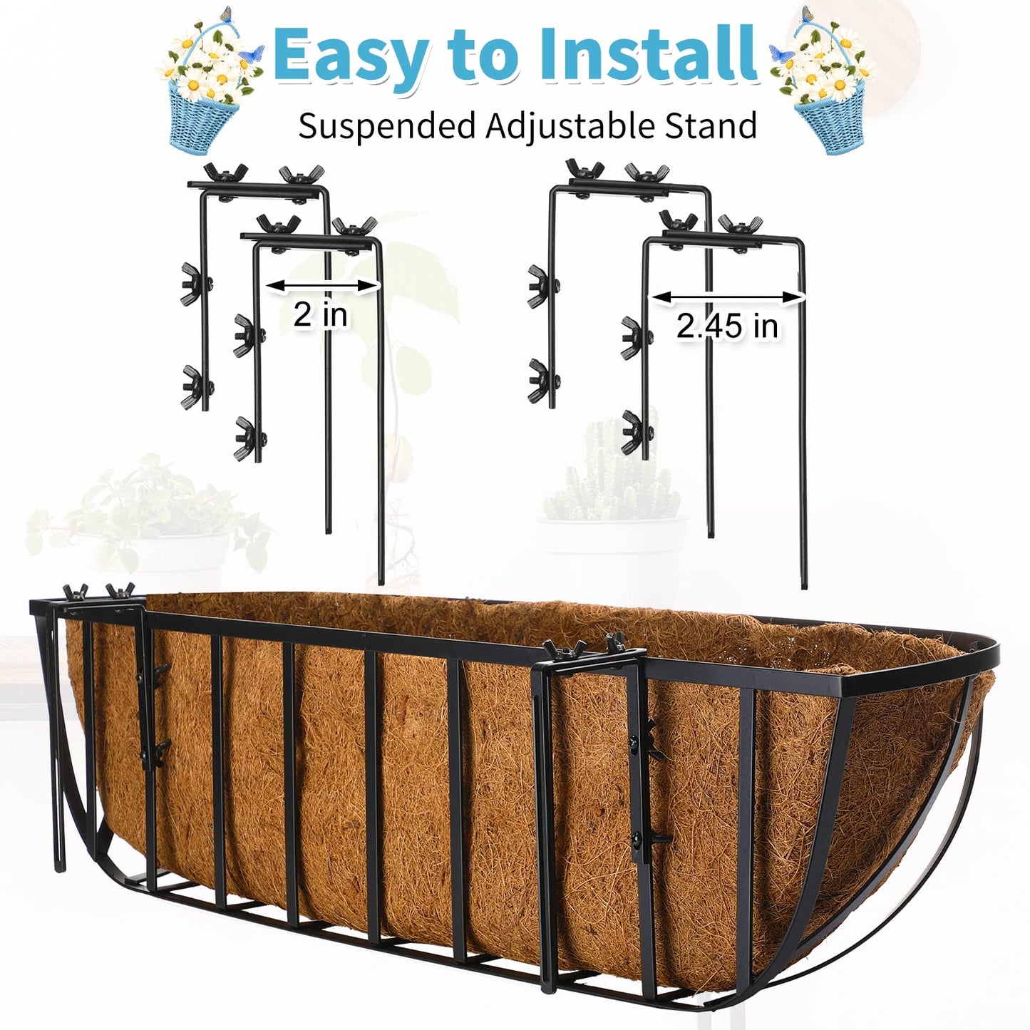 Tessco for you 6 Pieces Railing Planter Boxes, 30 Inches Window Box Planters with Coco Liner and Adjustable Brackets for Deck Porch Fence Patio Balcony Gardening Outdoor Plants