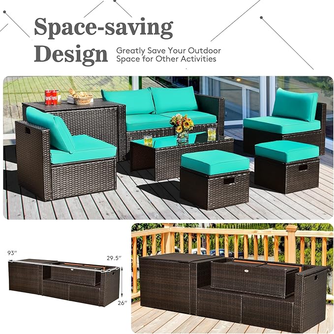 Tangkula 8 Piece Patio Furniture Set, Patiojoy Outdoor Space Saving PE Rattan