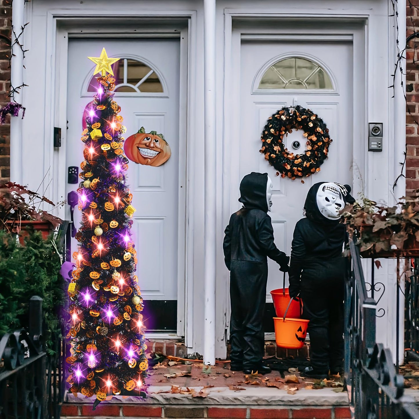 Halloween Tree Decorations with 100LED Lights 5FT Pop Up Tree with Hanging Pumpkin＆12 Pcs Ornaments, Tinsel Collapsible Artificial Pencil Tree Holiday Decoration for Home, Black Purple