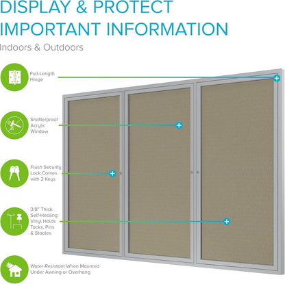 Ghent 36" x 72" 3-Door Outdoor Enclosed Bulletin Board with Lock, Vinyl Material, Shatter Resistant Acrylic Panels, Made in the USA, Satin Aluminum Frame - Caramel
