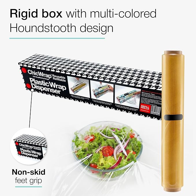 Chicwrap Houndstooth Refillable Plastic Wrap Dispenser - One 12" x 250' Roll of Professional Grade Plastic Wrap - BPA Free and Kosher Certified - Reusable Dispenser w/Slide Cutter