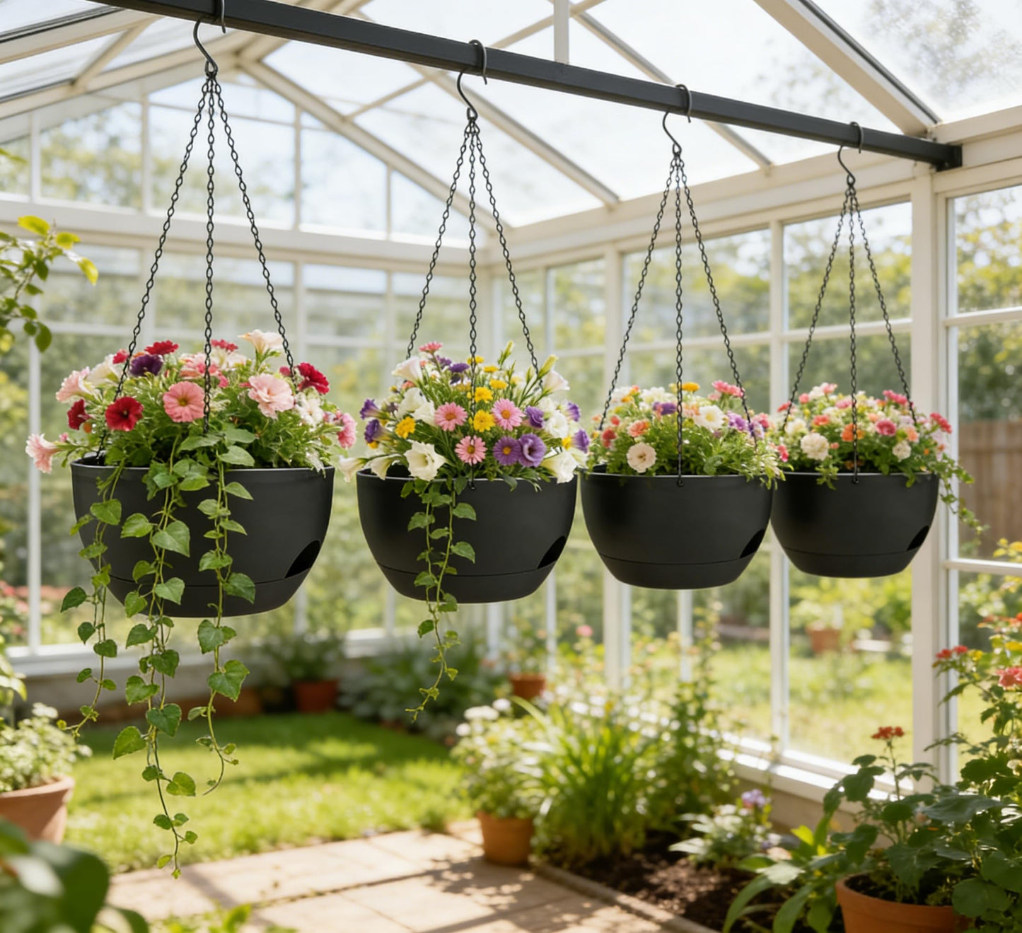 zople Set of 4-8 Inch Self Watering Hanging Planters for Indoor Outdoor，Hanging Plant Pots with Drainage & Removable Tray, Hanging Pots Holder for Ivy, Pothos, Ferns, Balcony & Patio, Black