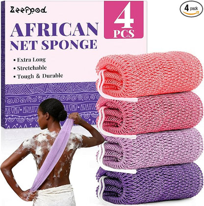 African Net Sponge Authentic-4 Packs African Exfoliating Net Sponge,Bath Sponges for Shower,42 inch Long for Normal to Sensitive Skin, Body Exfoliator Shower -Light Purple,Purple,Light Pink,Neon Pink
