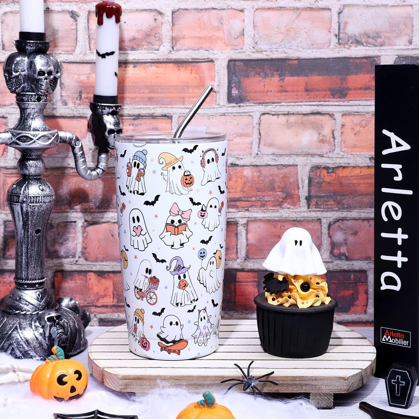Whaline Halloween Ghost Tumbler 20oz Stainless Steel Travel Tumbler with Lid Straw Brush Cute Ghost Bat Coffee Mug Cup Halloween Boo Spooky Gifts for Women Travel Birthday Horror Gift