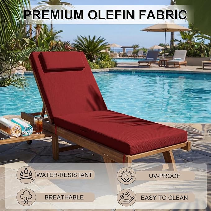 Outdoor Chaise Lounge Cushions, 71x21 Inch Olefin Water & Fade Resistant Pool