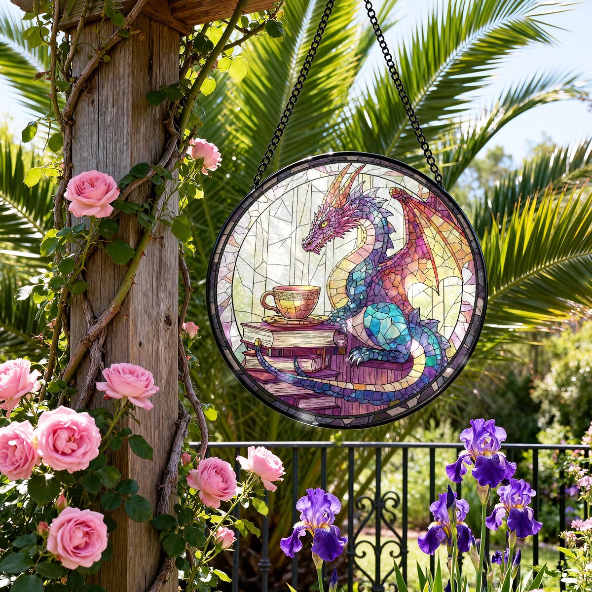 Greatingreat Dragon Stained Glass Window Hanging,Home Room Decor 7.8 Inch Sun Catchers Indoor Window, Whimsical Decor for Fantasy Lovers, Friends, Family, Classmates