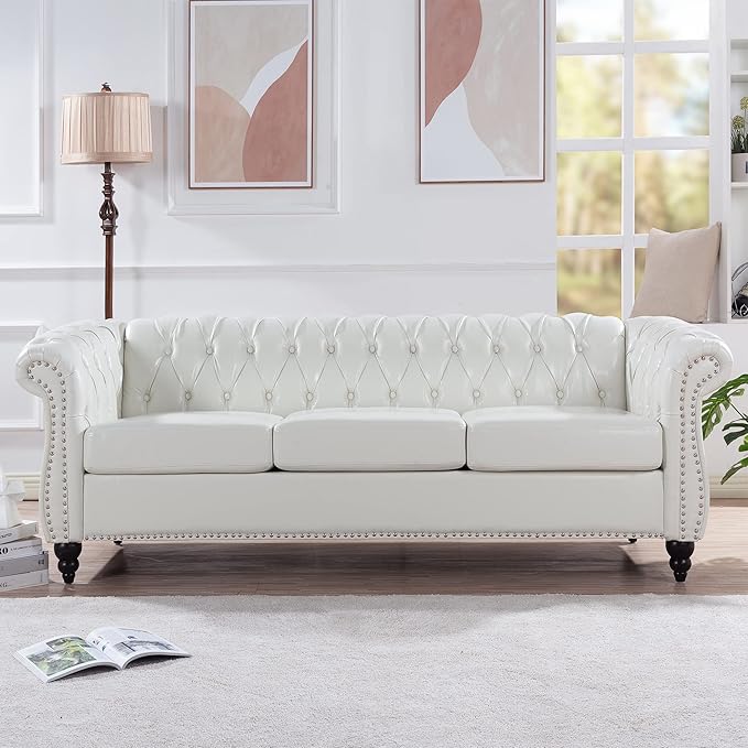 LEVNARY Chesterfield Sofa, Classic Tufted Upholstered Leather Couch, Modern 3