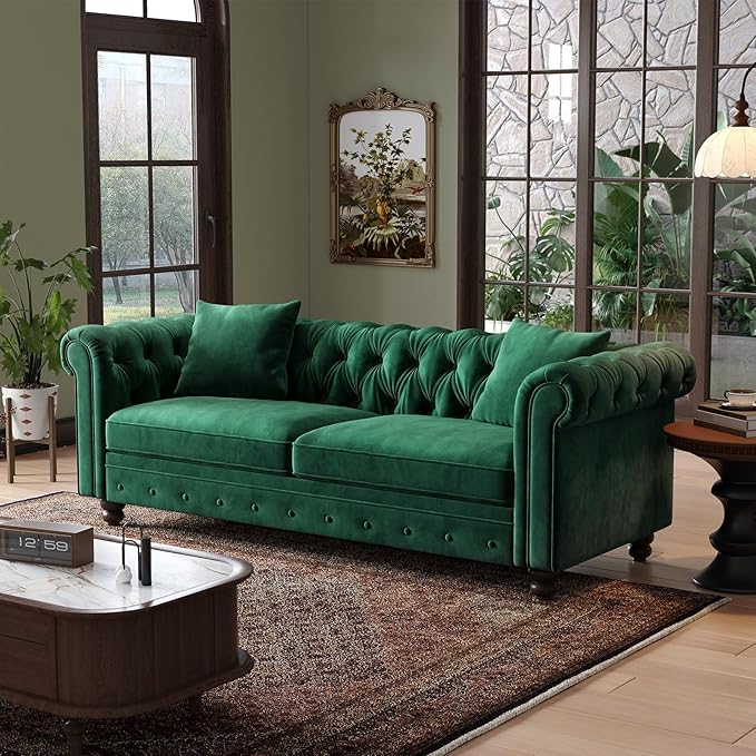 ONBRILL 82 Inch Chesterfield Sofa, 23 Inch Deep Seat Velvet Couch