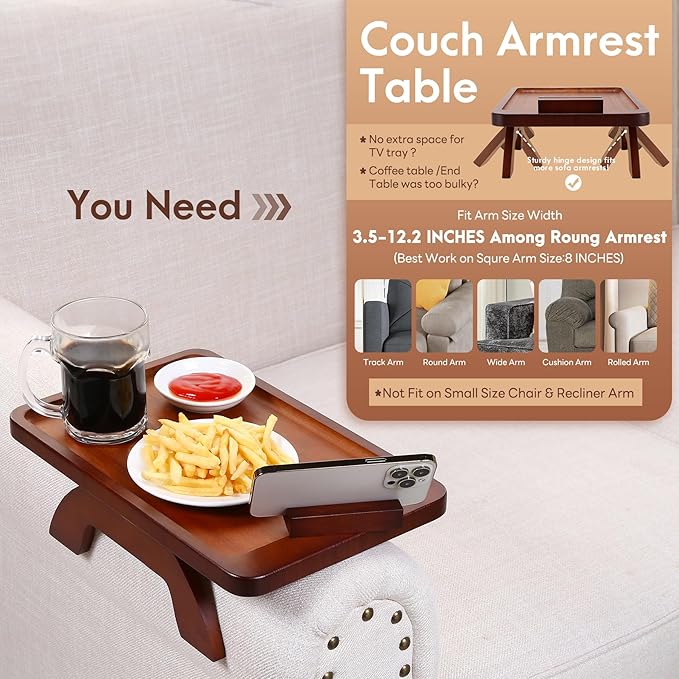 SINWANT Couch Arm Tray, Bamboo Couch Arm Table