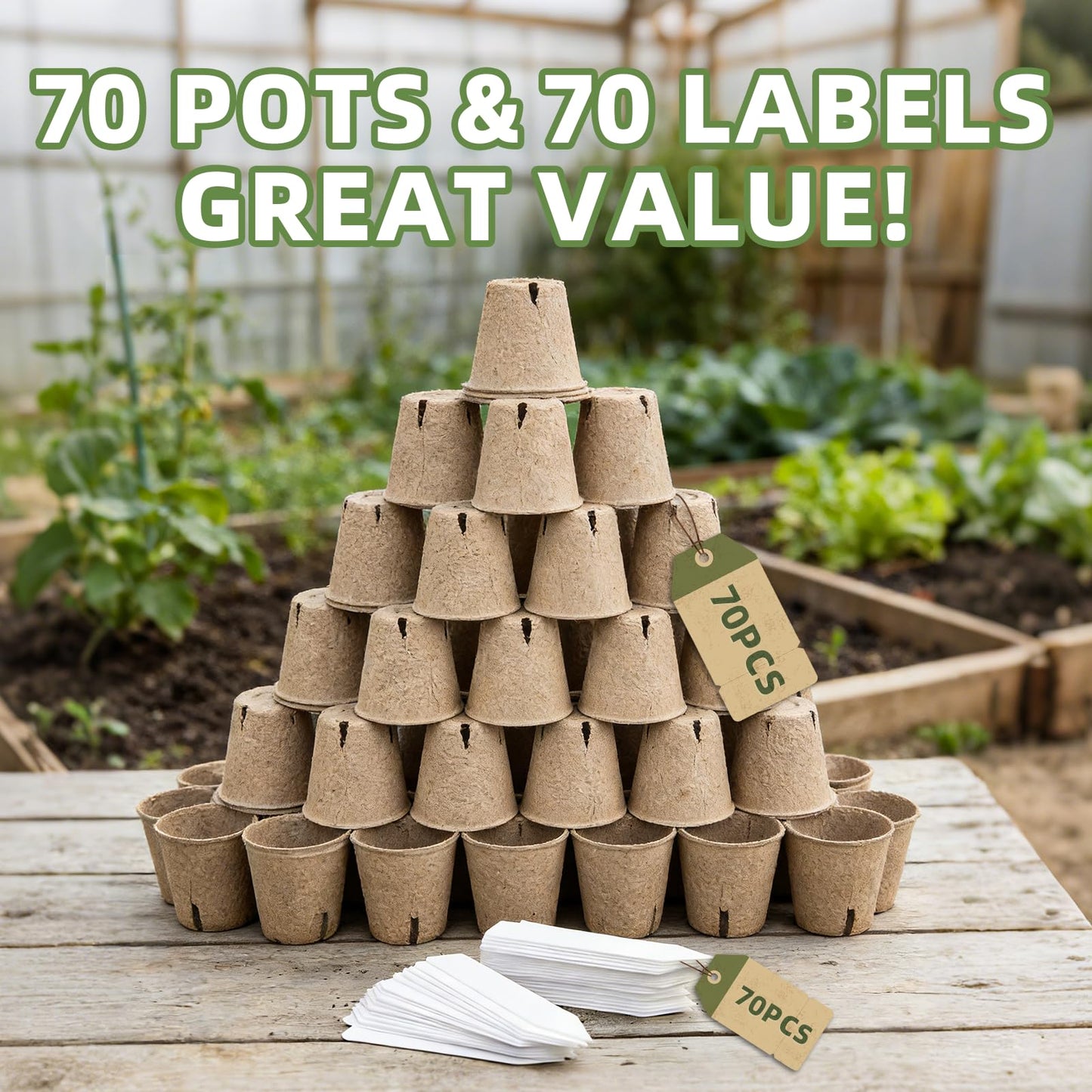 CLEANGOR 70Pcs Biodegradable 3.15” Peat Pots with 70Pcs Plant Labels, Biodegradable Seed Starter Pots with Drainage Holes, Nursery Pots for Seedlings, Herbs, Vegetables, Flowers, Gardening Kit