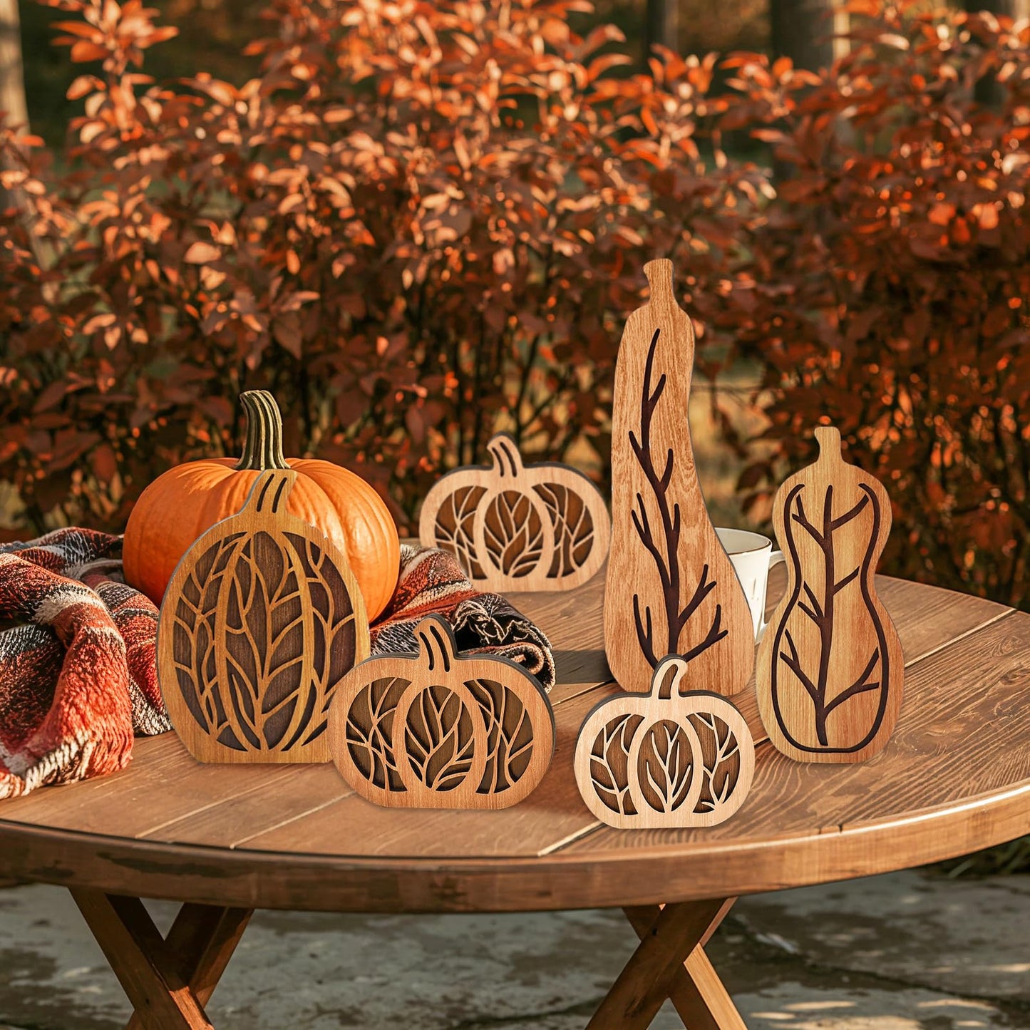JarThenaAMCS 6 Pcs Fall Pumpkin Wood Table Sign Natural Wood Hollow Carved Pumpkin Rustic Autumn Tabletop Centerpieces for Farmhouse Thanksgiving Home School Office