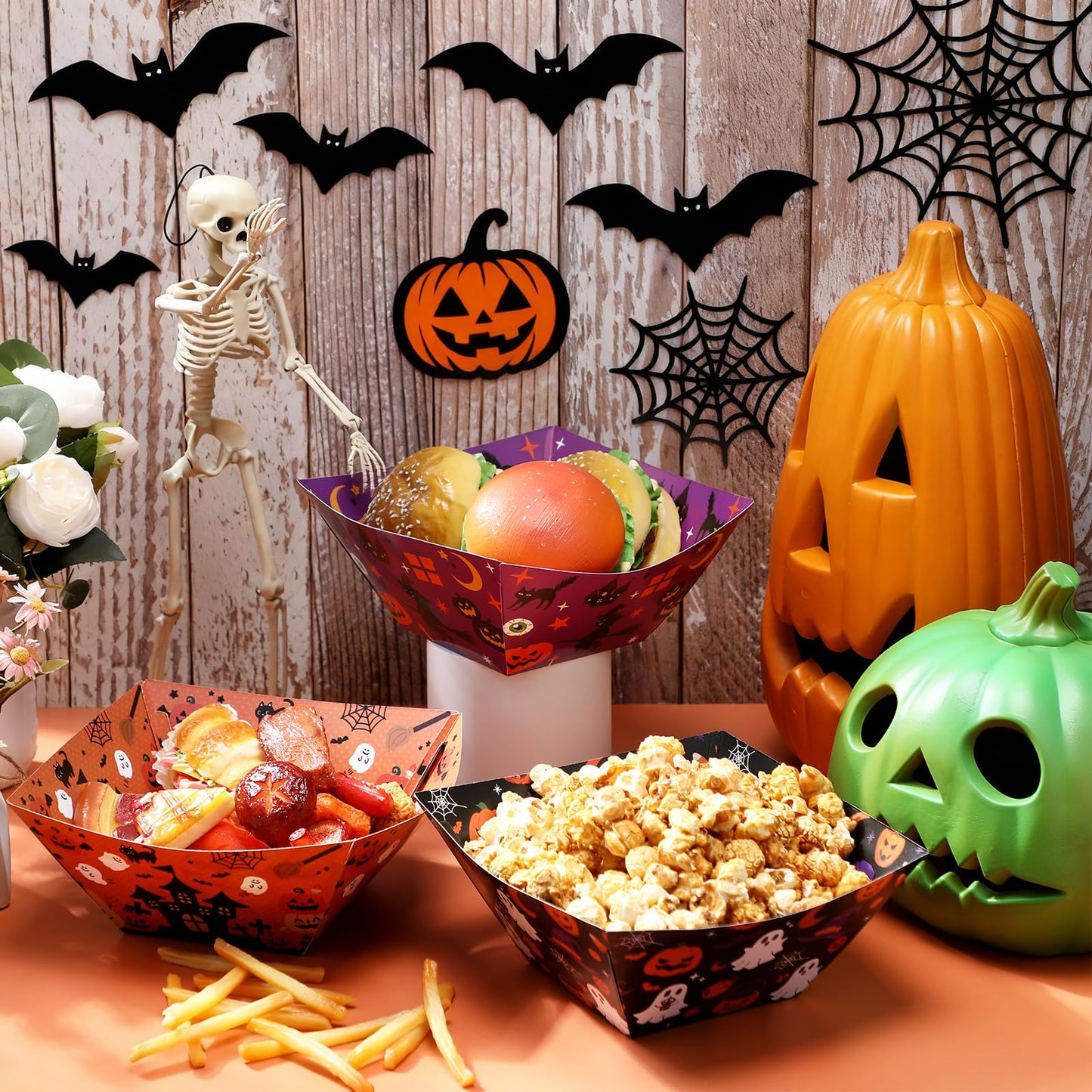 Marspark 24 Pcs Halloween Popcorn Boxes Trick or Treat Snack Bowls Popcorn Tray Containers for Movie Night Halloween Party Pumpkin Bat Ghost Party Supplies