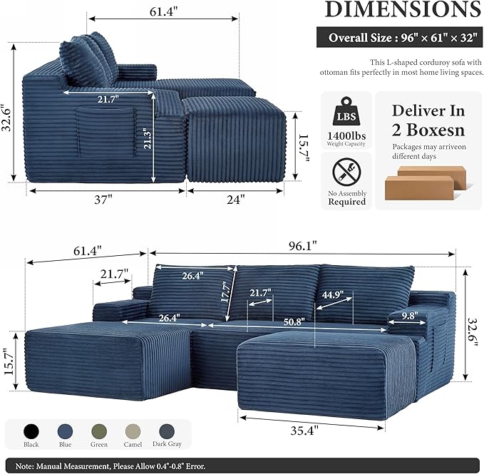 96" Sectional Couches for Living Room Cloud Couch Sofa