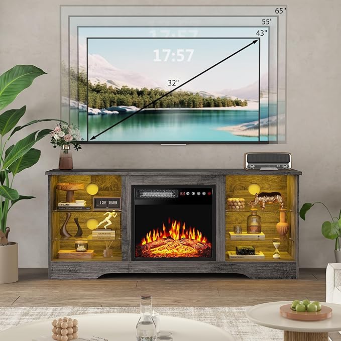 PRETZI Fireplace TV Stand with 18" Fireplace Up to 65" TVs, TV Media Console
