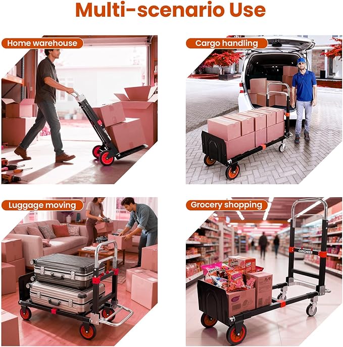 3-in-1 Folding Hand Trucks, 600Lbs Convertible Hand Truck Dolly, Heavy Duty