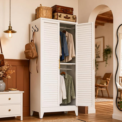 Metal Armoire Wardrobe Closet, 71" Clothing Storage Cabinets with Adjustable Hanging Rod, Louvered Doors, 2 Side Hooks & 2 Adjustable Rod- Closet Cabinet for Bedroom, Laundry Room, Cloak Room