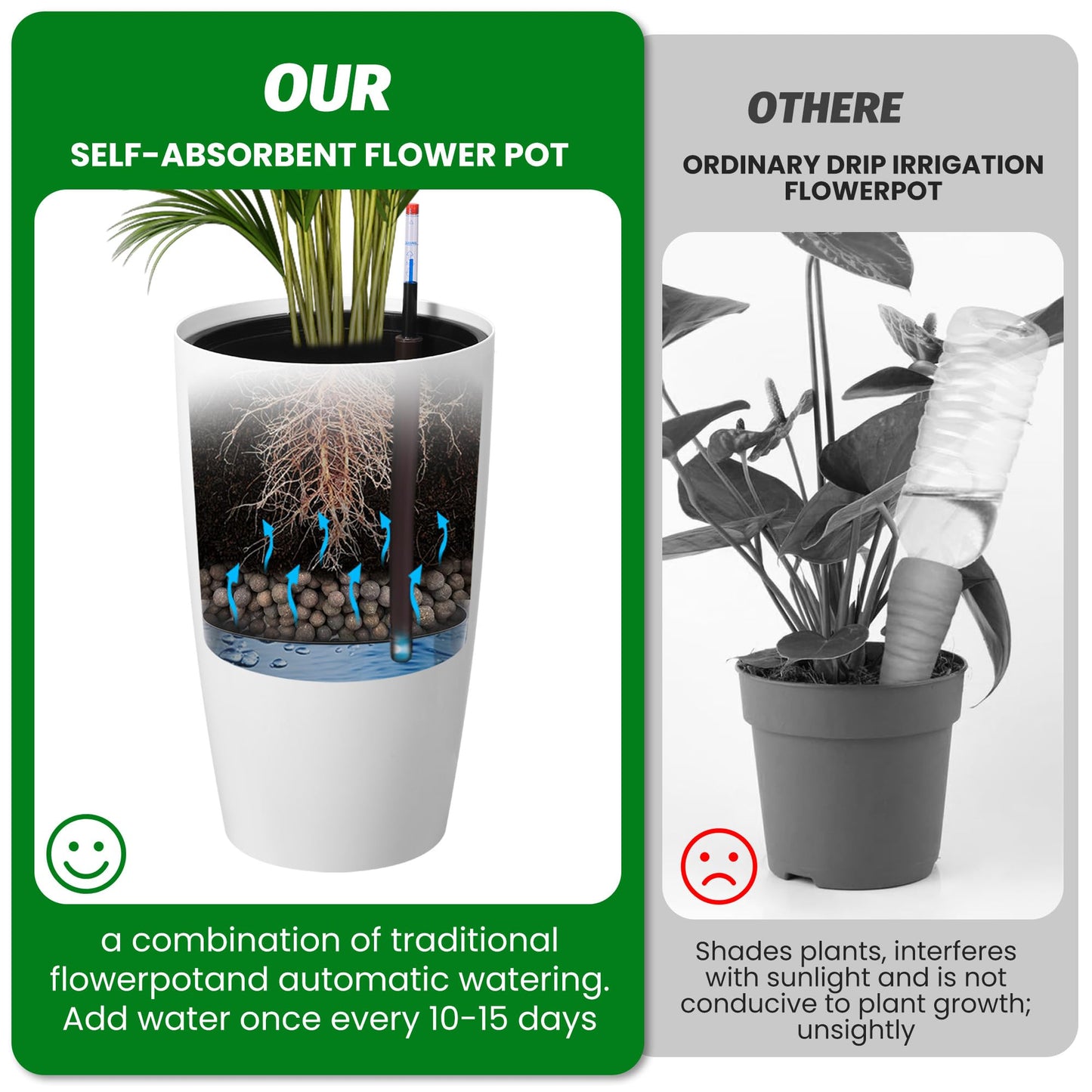 GarveeLife Set of 2 Tall Planters for Outdoor Plants, 22 in Large Planters for Outdoor Indoor Plants with Water Level Monitor ＆ Inner Bucket, Automatic Watering, for Porch, Patio, Backyard, White