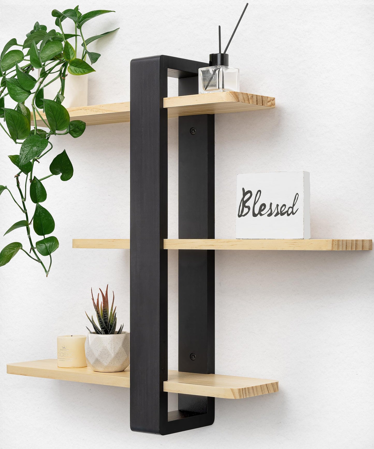 SUMGAR Floating Shelves for Wall Mounted Shelving Unit All Pine Wood 3 Tier Large Shelf for Bedroom Living Room Office Bathroom Home Decoration Storage Plant Photo Display Modern 20in