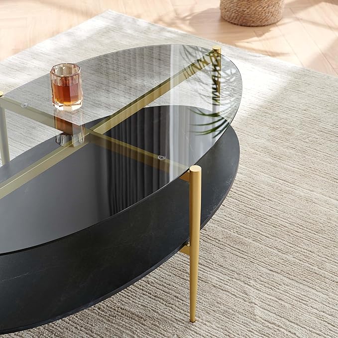 LumFurn Oval Glass Coffee Table, Mid-Century Modern Design, L43 x W22 x H17 inch