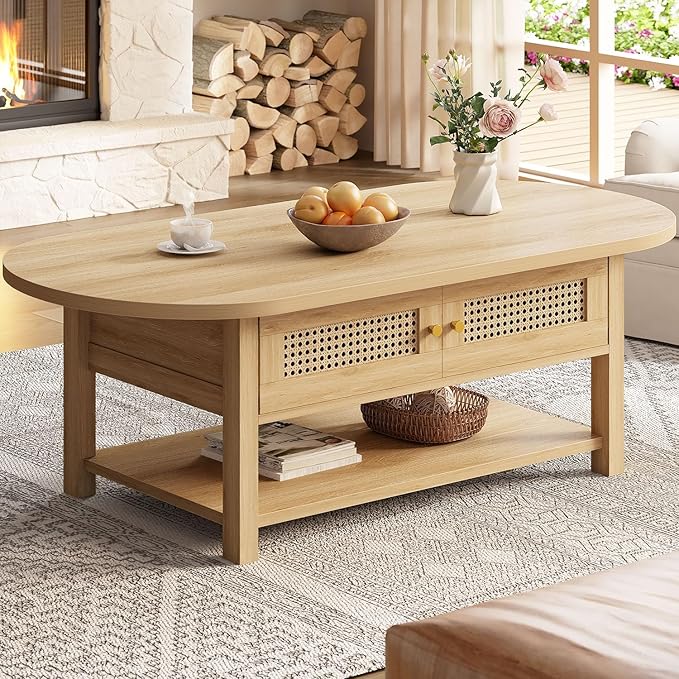 LVB Rattan Coffee Table, Boho Wood Living Room Table