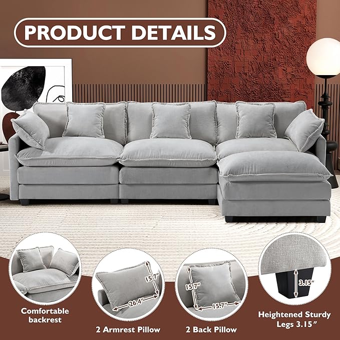 Ihanherry 111.4" L Shaped Modern Sofa Modular Sectional Cloud Couch