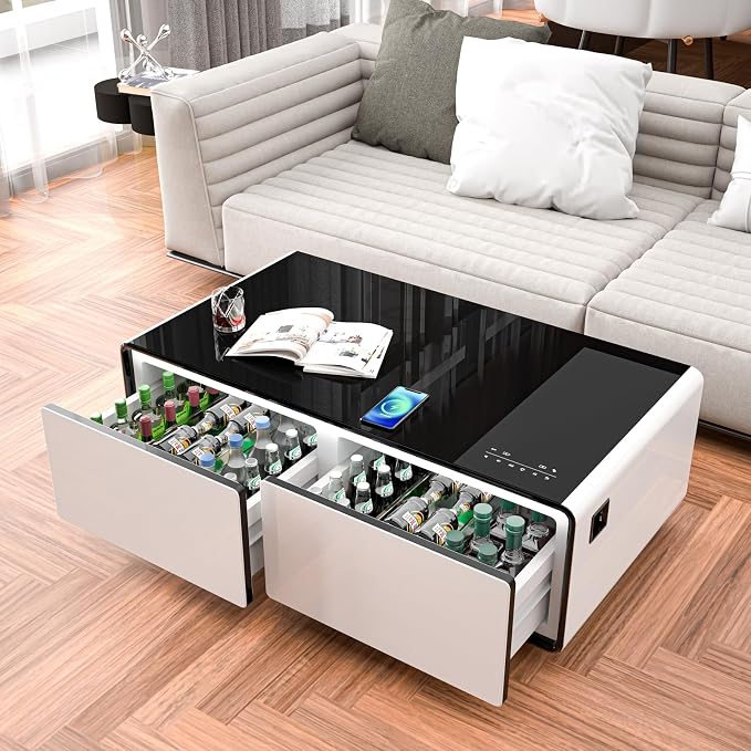 Smart Coffee Table with Fridge and Bluetooth, Smart Refrigerator Table with Dual Speakers, 15W Wireless Charger, Control Panel, Outlet Protection, USB Port, Atmosphere Light, LT135 Pro-White