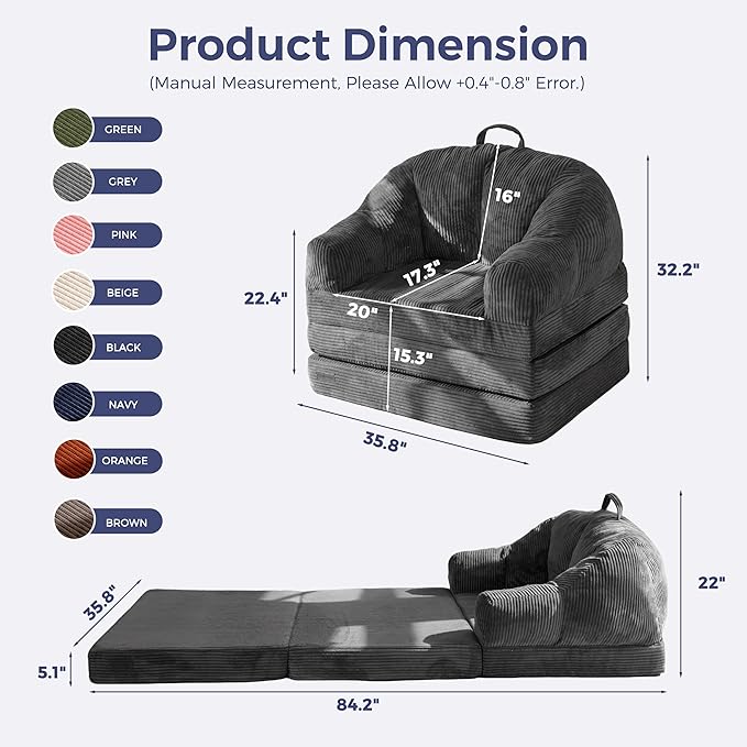 MAXYOYO Folding Sofa Bed with Backrest, Boneless Fold Out Couch Bed with Handle
