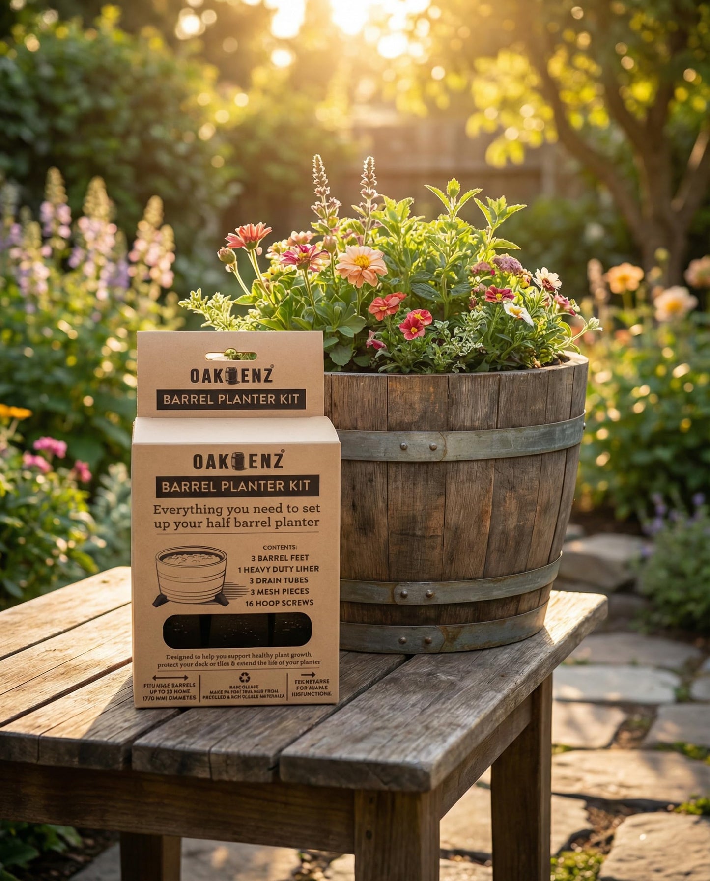 OAKENZ Half Barrel Planter Starter Kit – Wine & Whiskey Barrel Liner with Drain Tube & Mesh – Complete Waterproof Insert System for Half Barrel Planters – Heavy-Duty Plastic