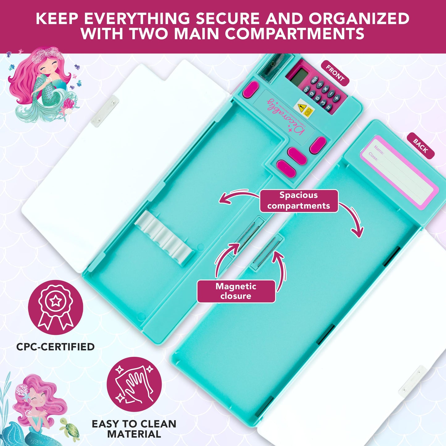 Decorably Pop Up Multifunction Mermaid Pencil Case for Girls, with Calculator, Sharpener, Pen Slots, Mini Drawer and 2 Main Compartments with Magnetic Closure - Back to School Gift for Kids